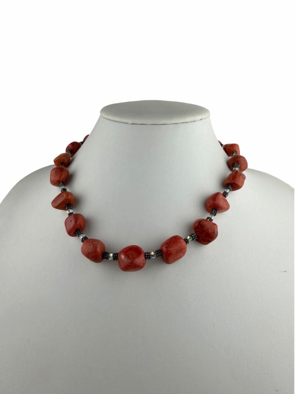 Coral Beaded Sterling Silver Necklace 19" wiht Toggle Clasp